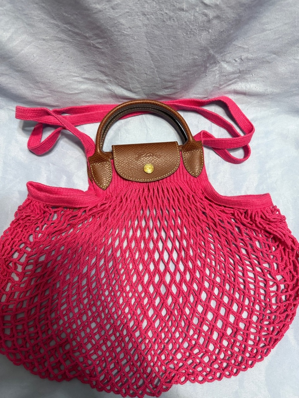 Longchamp Hot Pink Mesh Tote with Brown Leather Trim